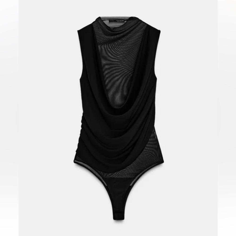 NWT Zara Sheer Tulle Draping Fabric High Neck Sleeveless Black Bodysuit Size XS